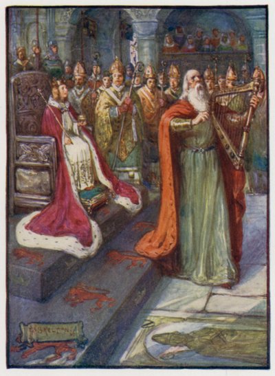 De Koninklijke Dichter bij de kroning van Koning Alexander III van Schotland, Scone, 1249 door J. R. Skelton