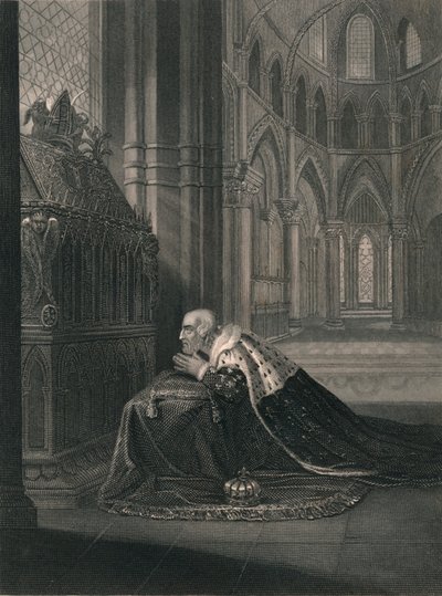 Lodewijk VII, koning van Frankrijk, voor het graf van Becket, midden 19e eeuw door J. Rogers