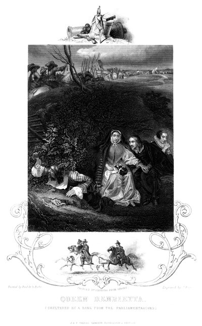 Koningin Henrietta 1609-1669 beschut door een bank tegen de parlementariërs door J. Rogers