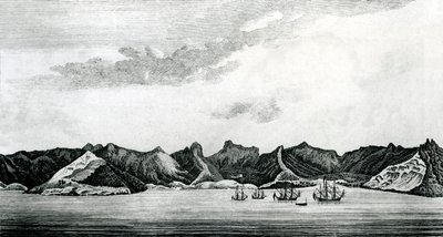 Een uitzicht op Cumberland Bay op het eiland Juan Fernandes, c.1745 (gravure) door J. S. Mason