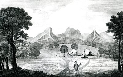 Een uitzicht op de tent van de commodore op het eiland Juan Fernandes, c.1745 (gravure) door J. S. Mason