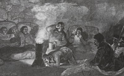 Interieur van onze Winterhut in Camp Clay tijdens het koken, 1883 door J. Steeple Davis
