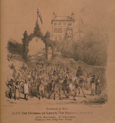 Toegang van hun K.H.H. De Hertogin van Kent & De Prinses Victoria in Hastings door J. Thorpe