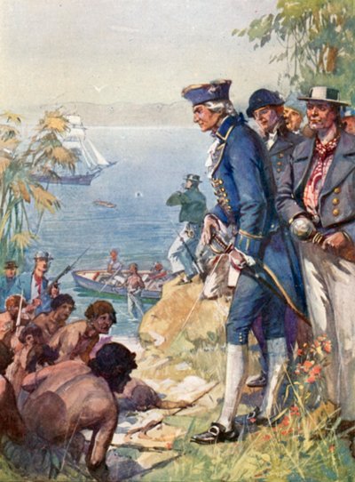 Kapitein Cook aan wal in Tahiti, 1769 door J. Williamson