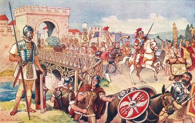 Het Romeinse Rijk - een colonne soldaten die over een brug marcheren door J. Williamson