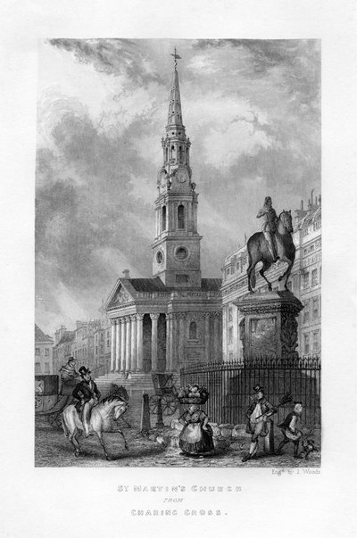 St. Martins Kerk vanaf Charing Cross, Londen, 19e eeuw door J. Woods