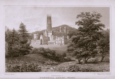 Zuidwestelijk uitzicht op Fonthill Abbey, gegraveerd door T. Higham, 1823 door J. after Rutter