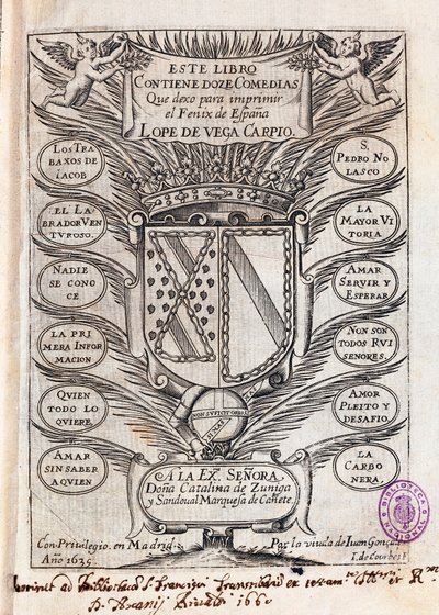 Half-titelpagina van verzameling van twaalf komedies door Felix Lope de Vega Carpio (1562-1635) door J. de (after) Courbes