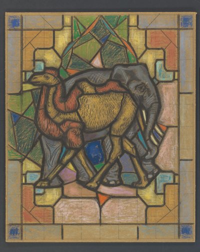 Ontwerp voor een glas in loodraam met een kameel en olifant door Jaap Weyand
