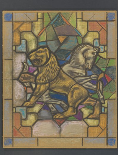 Ontwerp voor een glas in loodraam met een leeuw en paard door Jaap Weyand