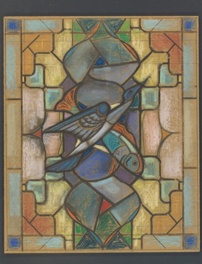 Ontwerp voor een glas in loodraam met een vogel en vis door Jaap Weyand