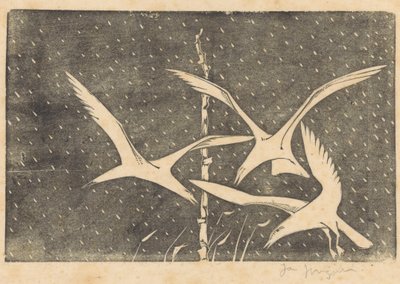 Drie vogels vliegend in de regen door Jac Jongert (signed by artist)