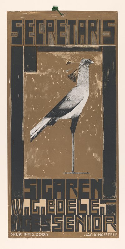 Reclamebiljet voor Secretaris-Sigaren, met vogel door Jac Jongert