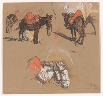 Studies van ezels en een muildier op de Grote Markt te Tanger door Jac van Looij (signed by artist)