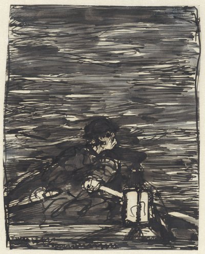 Roeier in een boot met lantaarn bij nacht door Jac van Looij