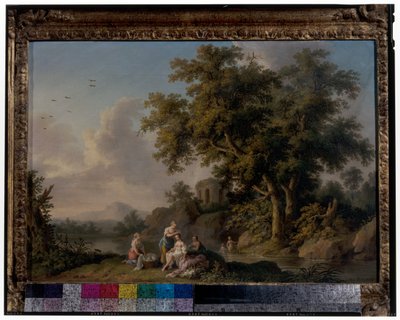 Een paar landschappen met badende nimfen door Jacob Philippe Hackert