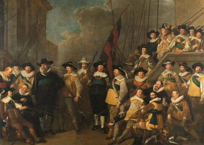 Officieren en andere schutters van het V District in Amsterdam onder bevel van kapitein Cornelis de Graeff en luitenant Hendrick Lauwrensz door Jacob Adriaensz. Backer