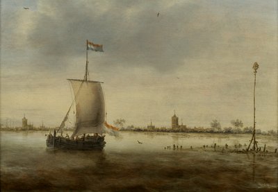 Een zeilschip langs de kust van een Nederlandse stad, vermoedelijk Schoonhoven door Jacob Adriaensz. Bellevois