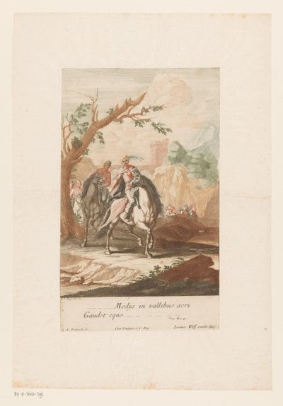 Ruiters trekken door de vallei Medijs in vallibus acri Gaudet equo (titel op object) door Jacob Andreas Fridrich (I)