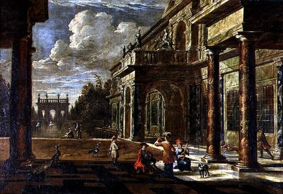 Muzikanten buiten Renaissance Paleizen door Jacob Balthasar Peeters