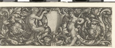 Fries met een schild gedragen door een mannelijke en een vrouwelijke satyr door Jacob Binck (signed by artist)