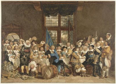 De schuttersmaaltijd in de Voetboogdoelen te Amsterdam ter viering van het sluiten van de vrede van Munster, 18 juni 1648 door Jacob  Cats