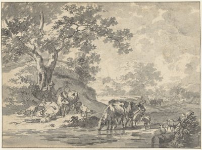 Landschap met herder en vee onder boom bij water door Jacob  Cats