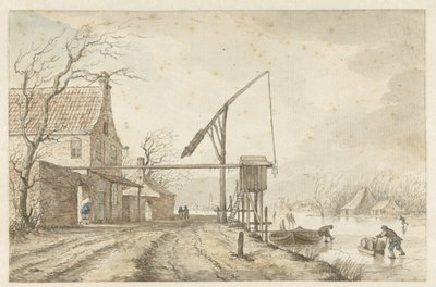 Winterlandschap met huizen en hefboom langs bevroren vaart door Jacob  Cats