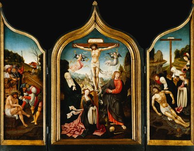 Een drieluik: Christus aan het kruis met de Maagd, de Magdalena, Sint Jan de Evangelist en engelen; op de vleugels Christus aangeboden azijn voor de kruisiging en de klaagzang, de doodsangst in de tuin en Ecce Homo door Jacob Cornelisz van Oostsanen