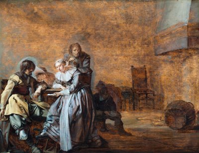 Een interieur met cavaliers en een vrouw aan het kaarten (olieverf op paneel) door Jacob Duck