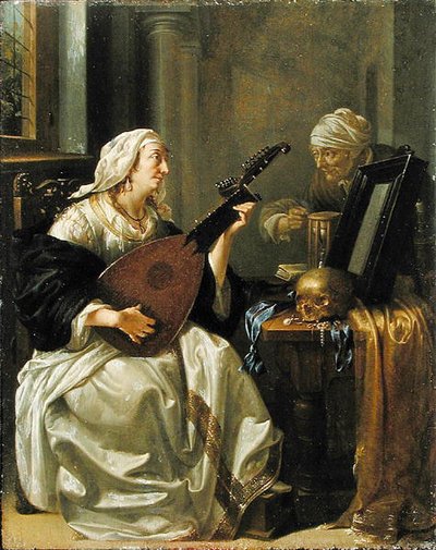 Vrouw met theorbo, Vanitas, c.1660 door Jacob Duck