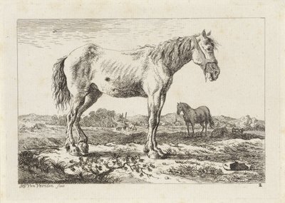 Staand paard in een landschap door Jacob Elias van Varelen