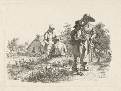 Blinde vrouw en converserende figuren bij een boerderij door Jacob Ernst Marcus
