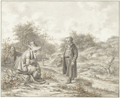 Heuvelig landschap met zittende vrouw en staande man met korf door Jacob Ernst Marcus