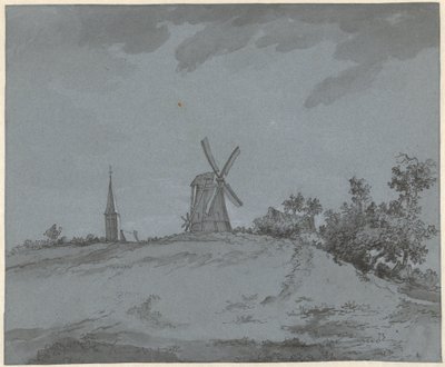 Landschap met windmolen en kerk op een heuvel door Jacob Ernst Marcus