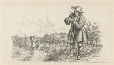 Man leunend op een stok en een vrouw met een kind op een landweg door Jacob Ernst Marcus