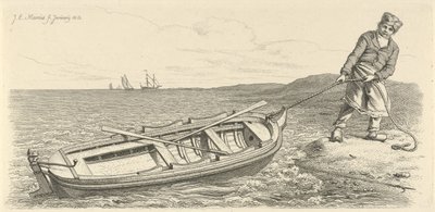 Man trekt zijn roeiboot aan wal door Jacob Ernst Marcus