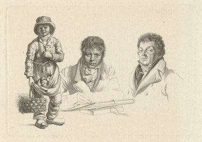 Portretten van J.P. Visser Bender en P.Pz. Barbiers naast een jongen door Jacob Ernst Marcus