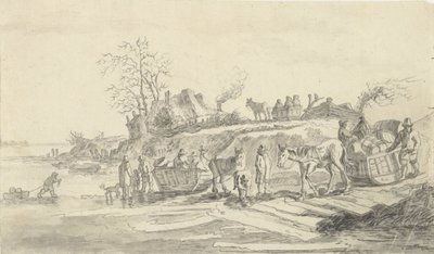 Sleden bij de oever van een bevroren rivier door Jacob Ernst Marcus