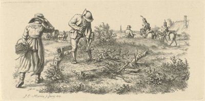 Spittende man, een vrouw met een mand en soldaten te paard door Jacob Ernst Marcus