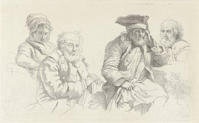 Studieblad met drie oude mannen en een jonge vrouw door Jacob Ernst Marcus