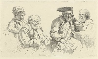 Studieblad met drie oude mannen en een jonge vrouw door Jacob Ernst Marcus