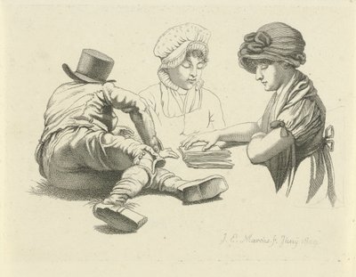 Studieblad met een liggende man en twee dames door Jacob Ernst Marcus