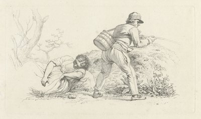 Studieblad met een slapende vrouw en een hengelaar door Jacob Ernst Marcus