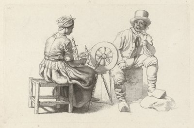 Studieblad met een vrouw aan een spinnewiel en een zittende man door Jacob Ernst Marcus