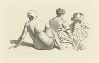 Studieblad met een zittend naakt en twee figuren door Jacob Ernst Marcus