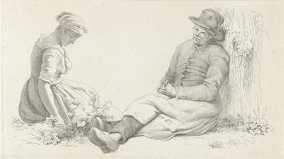 Studieblad met een zittende man en een jonge vrouw door Jacob Ernst Marcus