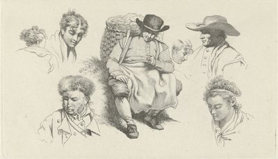 Studieblad met figuren en een rustende visboer met pijp door Jacob Ernst Marcus