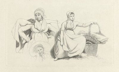 Studieblad met twee vrouwen en een kop Studie-prentwerk / Etudes gravées (series title) door Jacob Ernst Marcus