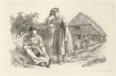 Twee vrouwen en een man met kinderen voor een boerenschuur door Jacob Ernst Marcus